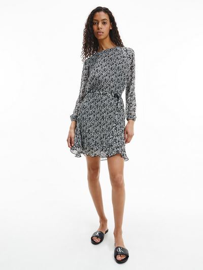 Calvin Klein Ruhák HU983423 | Calvin Klein Chiffon Pleated Női Ruha Fekete / Fehér